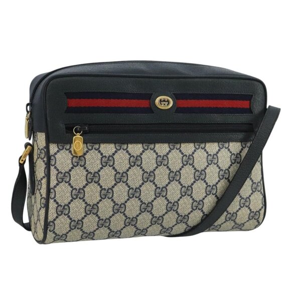 GUCCI GG Supreme Sherry Line Bag PVC Navy Gold Red 72 02 088 Auth 111626